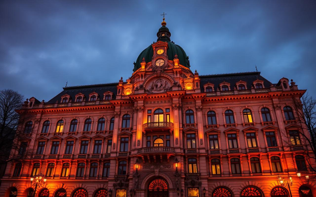 Dorottya Palace facade at evening